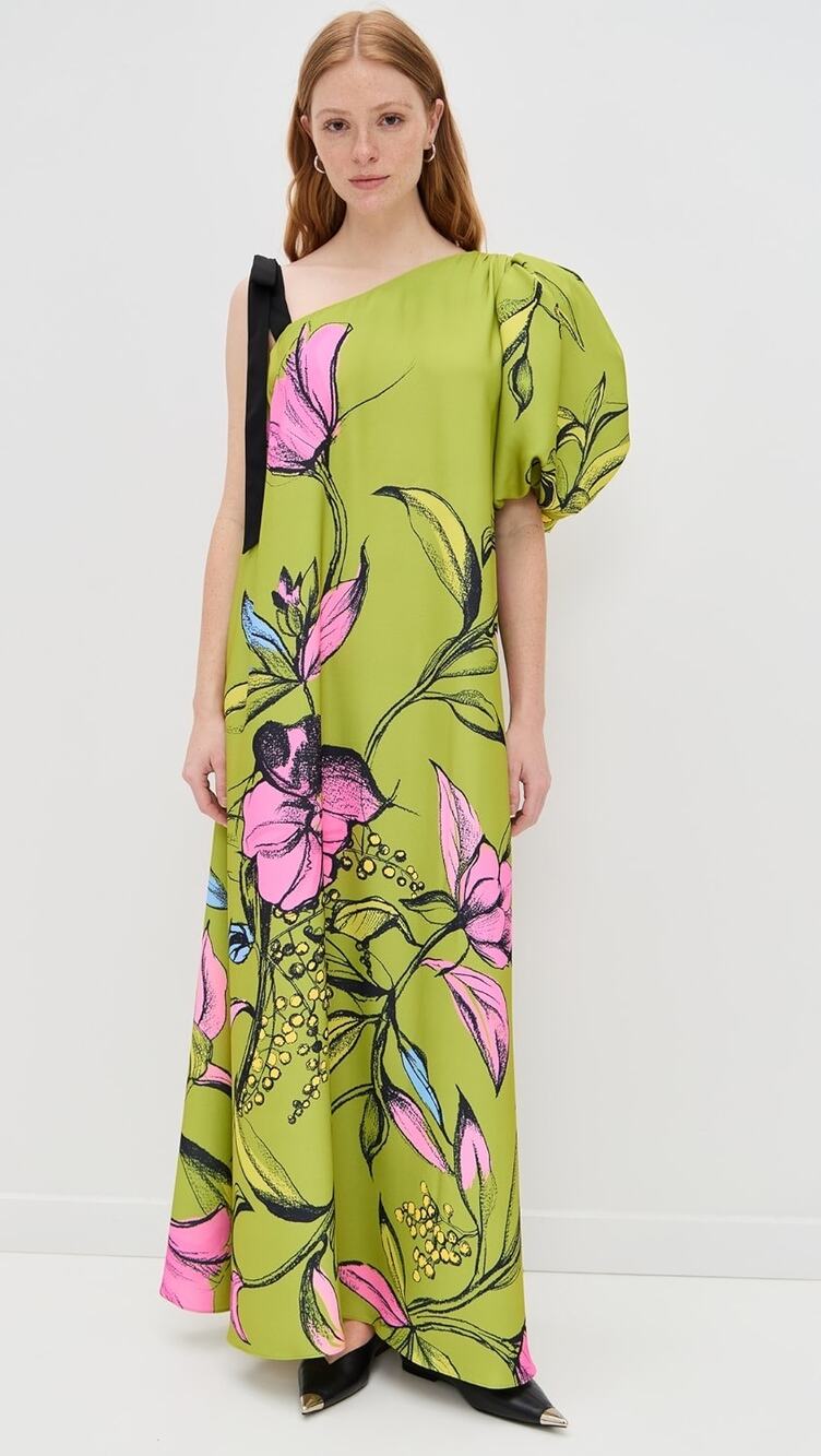 STINE GOYA Green Pencil Garden One Sleeve Maxi Dress with Bow Strap Gown sz M